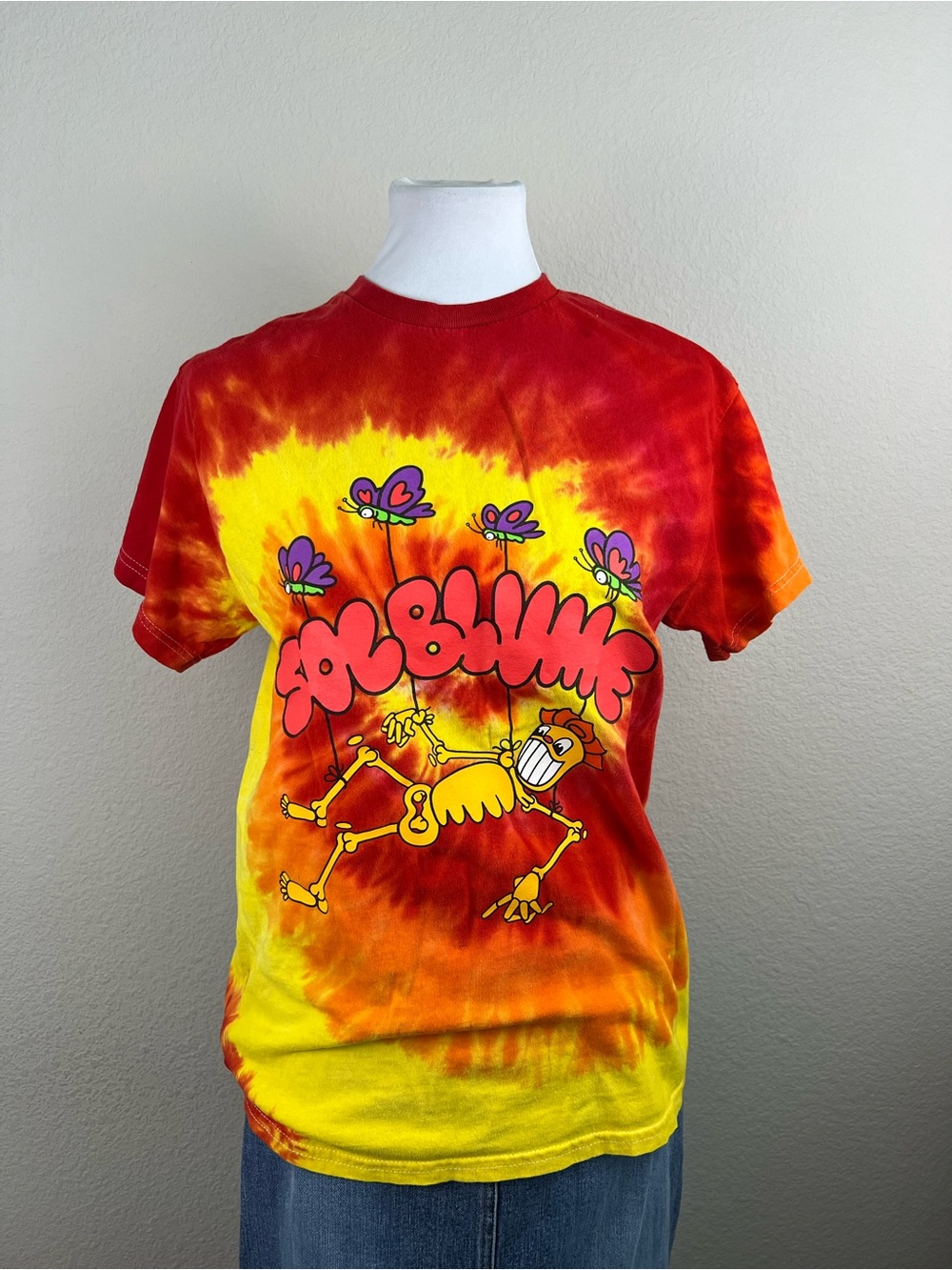 Sol Blume red yellow tie dye tee with cartoon skeleton and butterflies size med